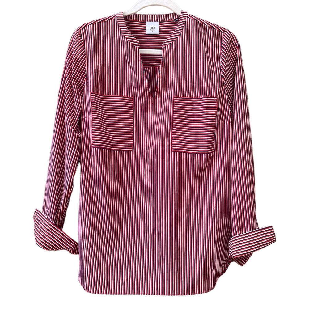 CABI Franklin Split V-Neck Long Sleeve Tunic Red White Blue Stripe Womens Small